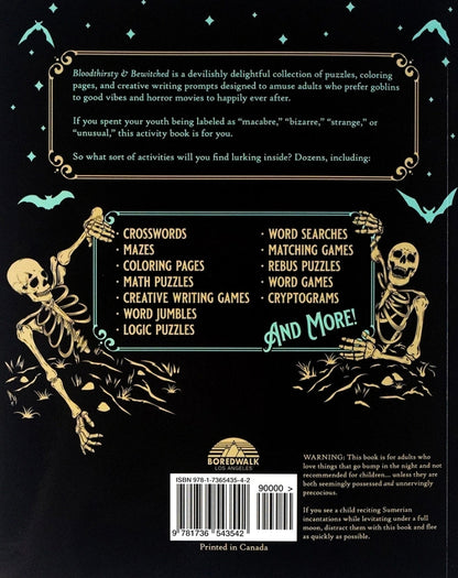 Back cover of a book with skeleton illustrations and text about activities on a black background
