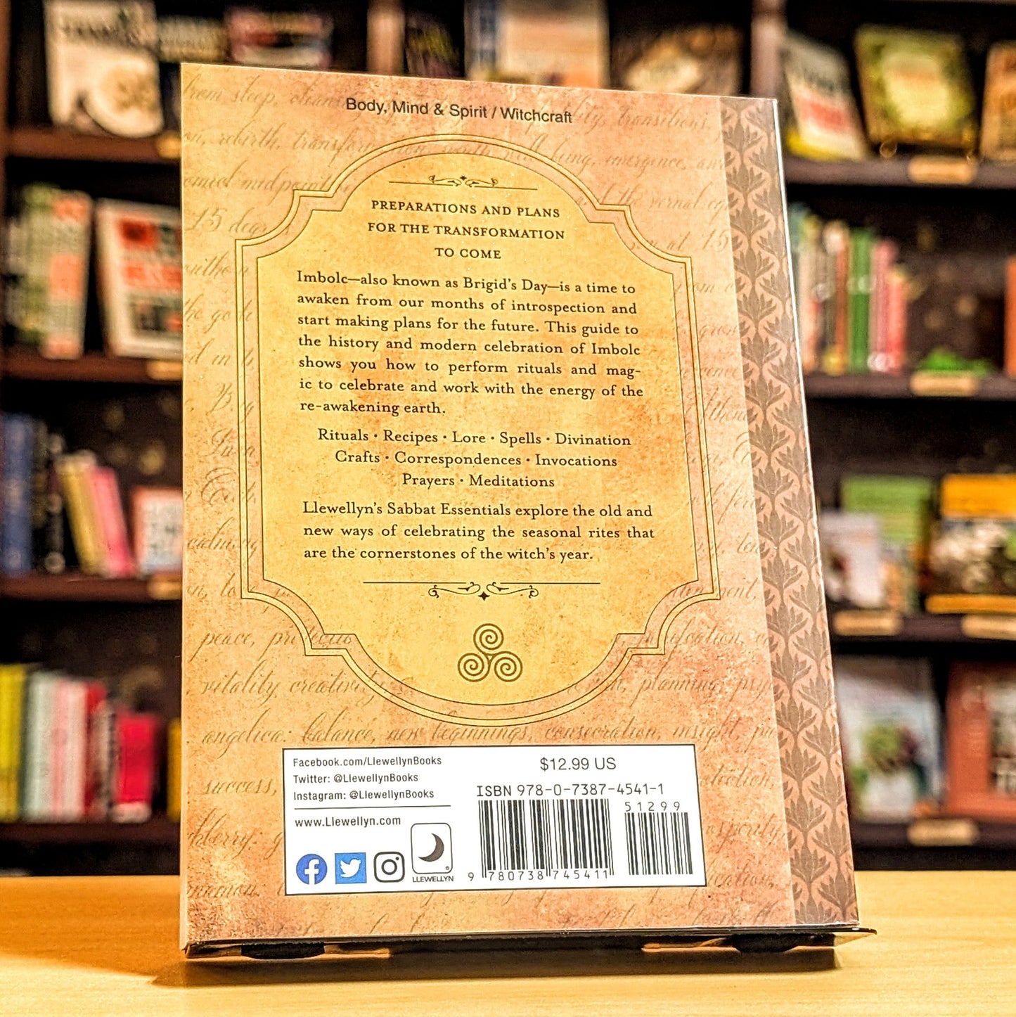 Back cover of a book on a wooden surface with a blurred bookshelf background