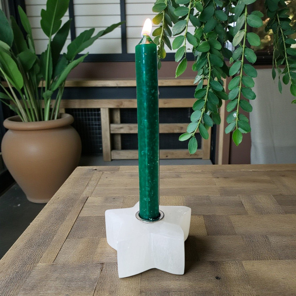 A lit dark green pillar candle in a white star-shaped holder, set on a wooden table with potted plants in the background.