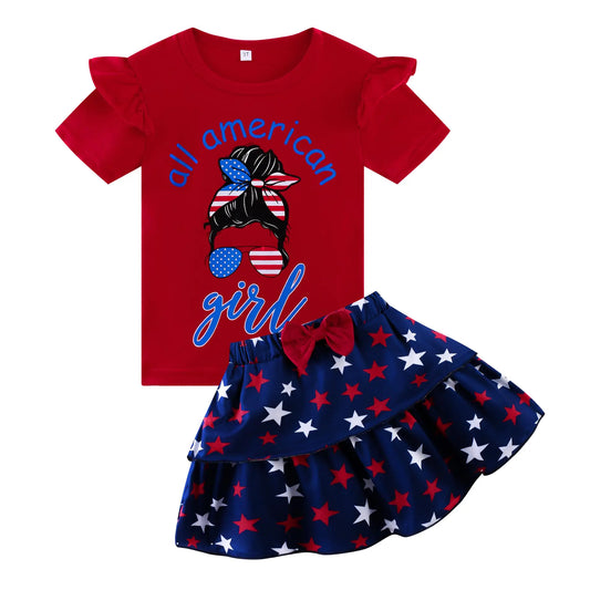 4th of July Outfits for Girls Red White and Blue Skirt Outfit Cartoon American Girl Figure Print Patriotic Skirt Set 7t