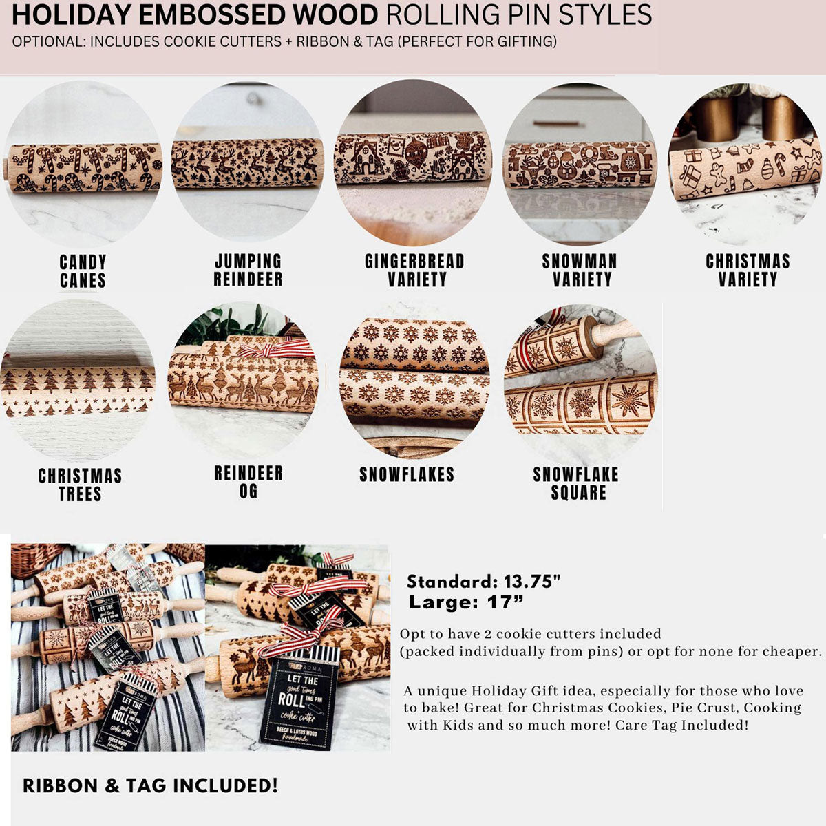 Holiday embossed wood rolling pin styles with product images and names.