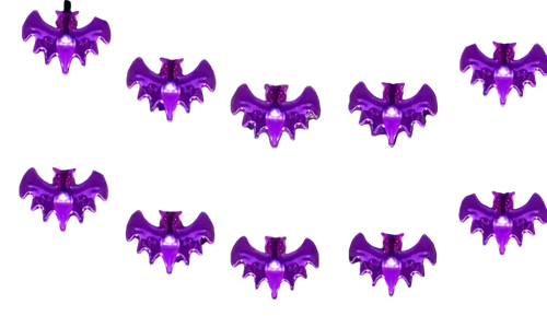 Halloween-themed decorations with purple bat lights and carved pumpkins.