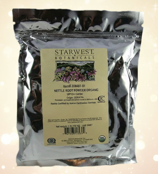 Starwest Botanicals nettle root powder package with label on a white background