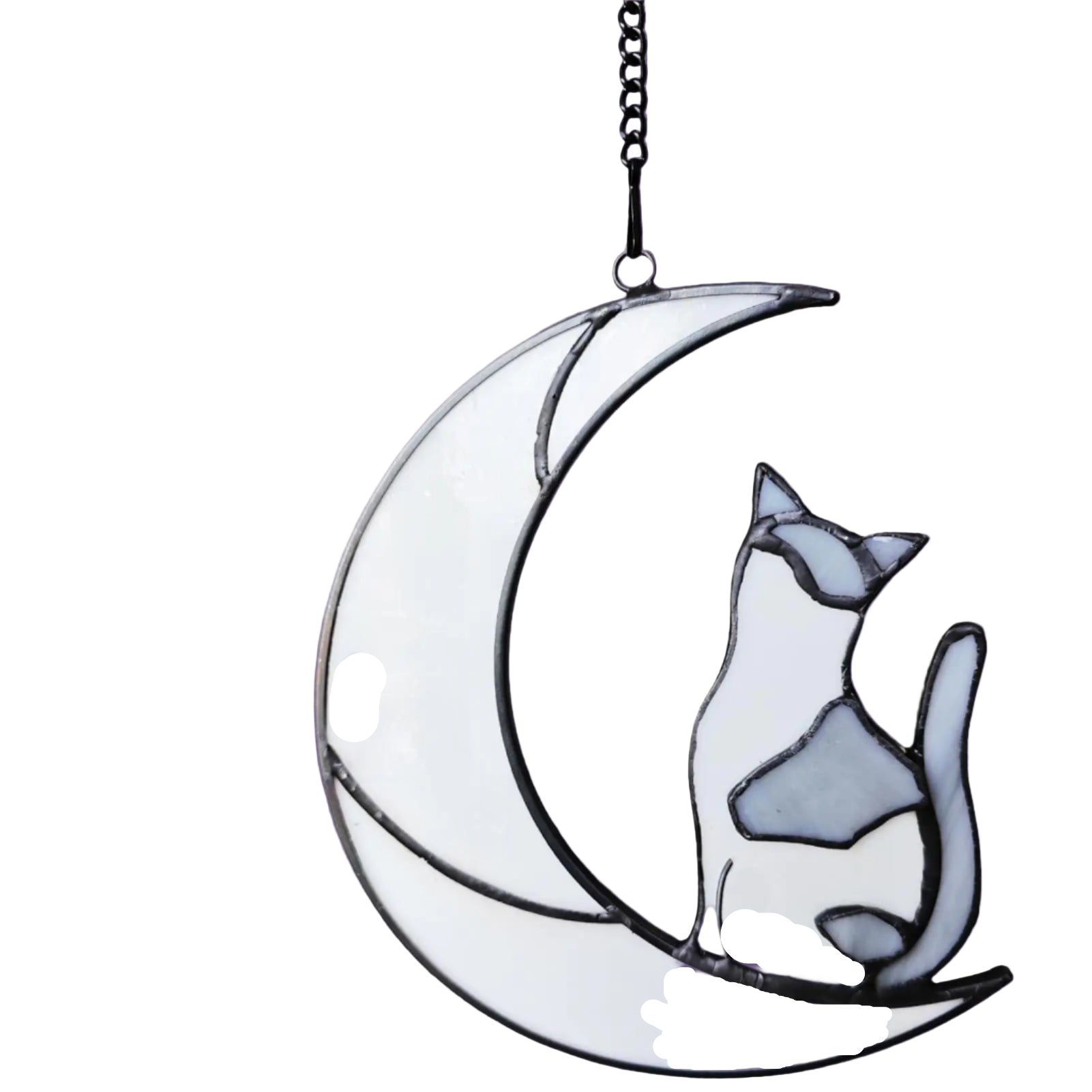 Decorative glass cat on a moon ornament with a chain on a white background