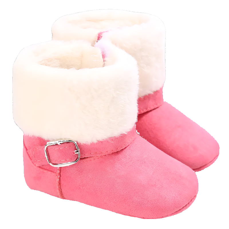 Pink baby boots with white fur lining on a white background