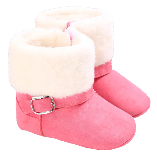 Pink baby boots with white fur lining on a white background