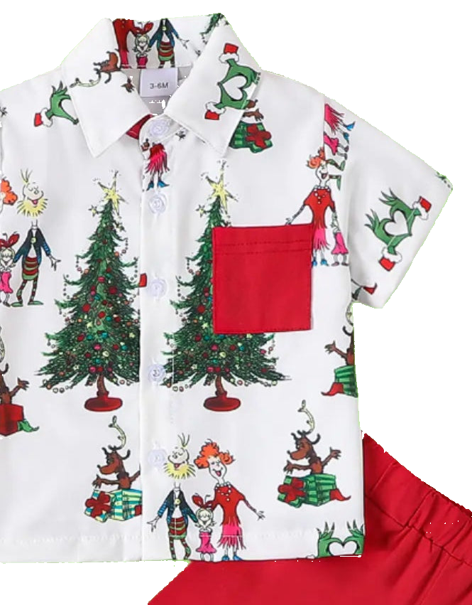 Children's Christmas-themed shirt with red pocket and matching shorts on a white background