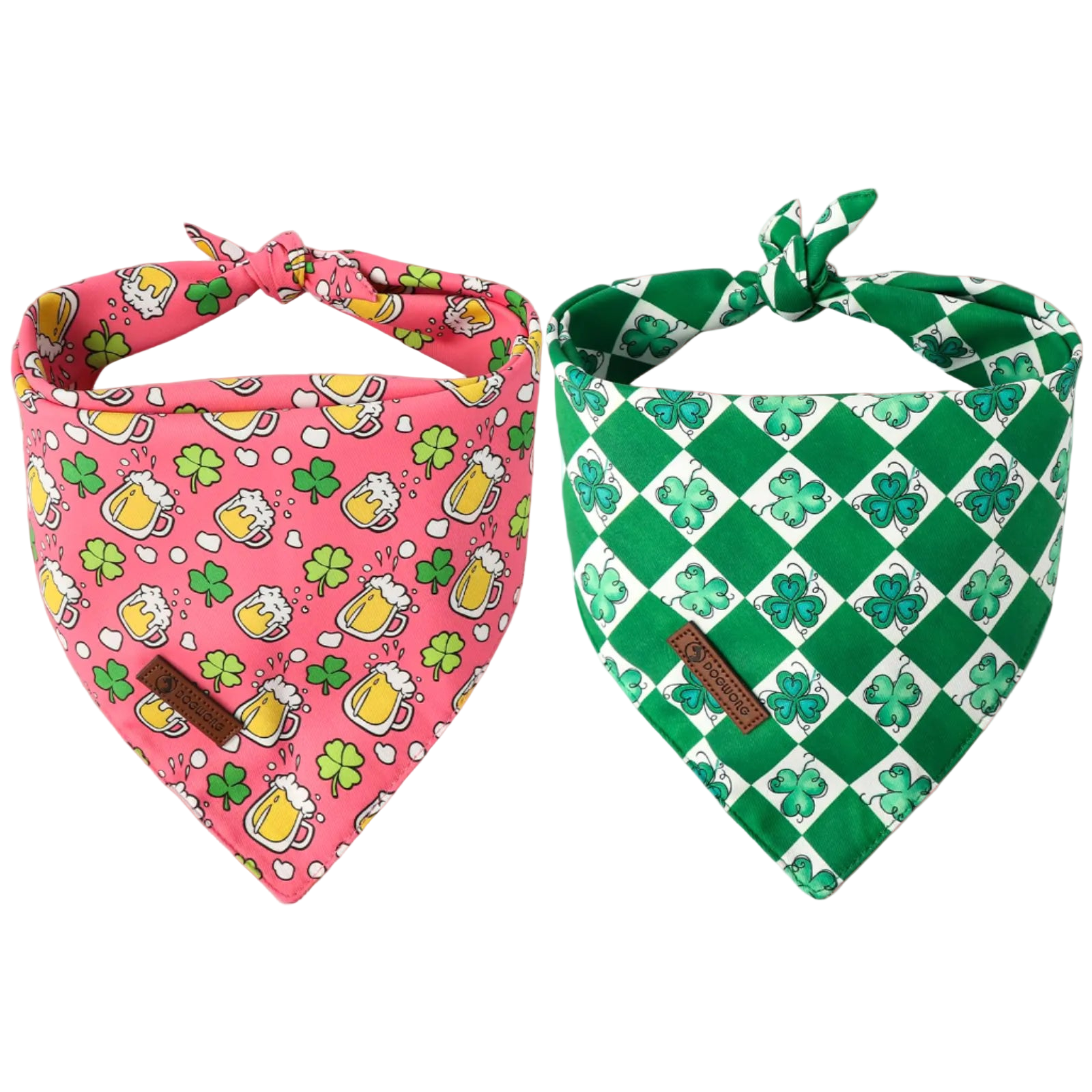 Two dog bandanas, one pink with beer and shamrock pattern, the other green checkered, on a white background.