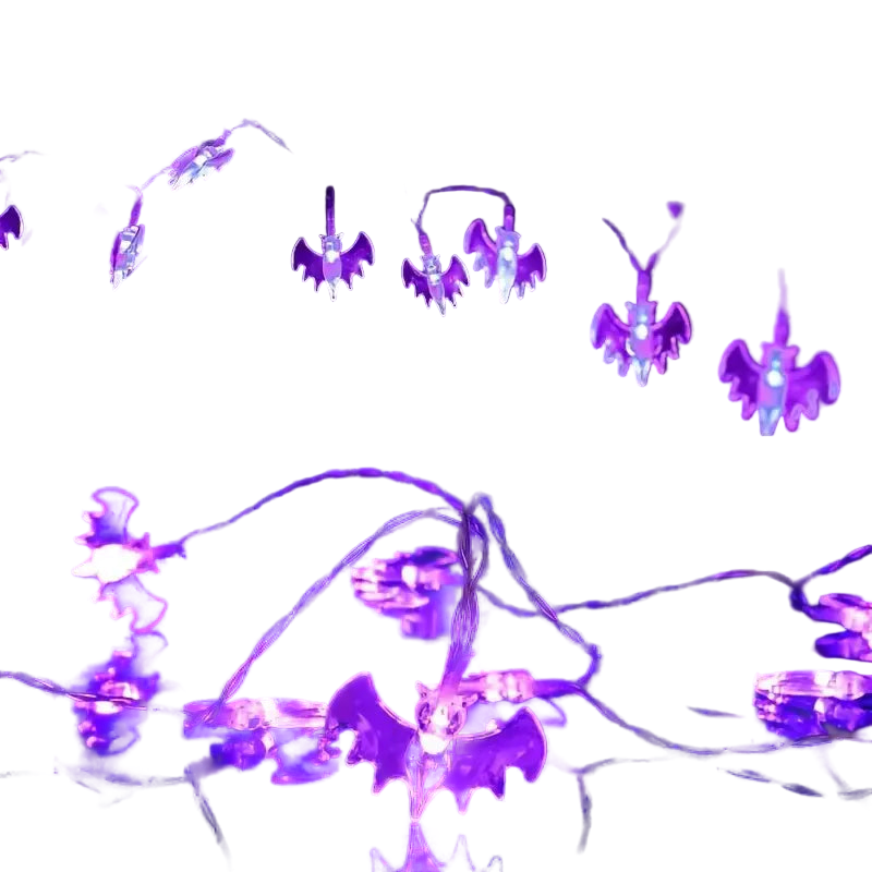 String lights shaped like bats on a dark background