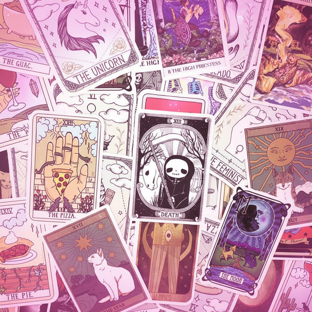 Collection of tarot cards with various designs and symbols.