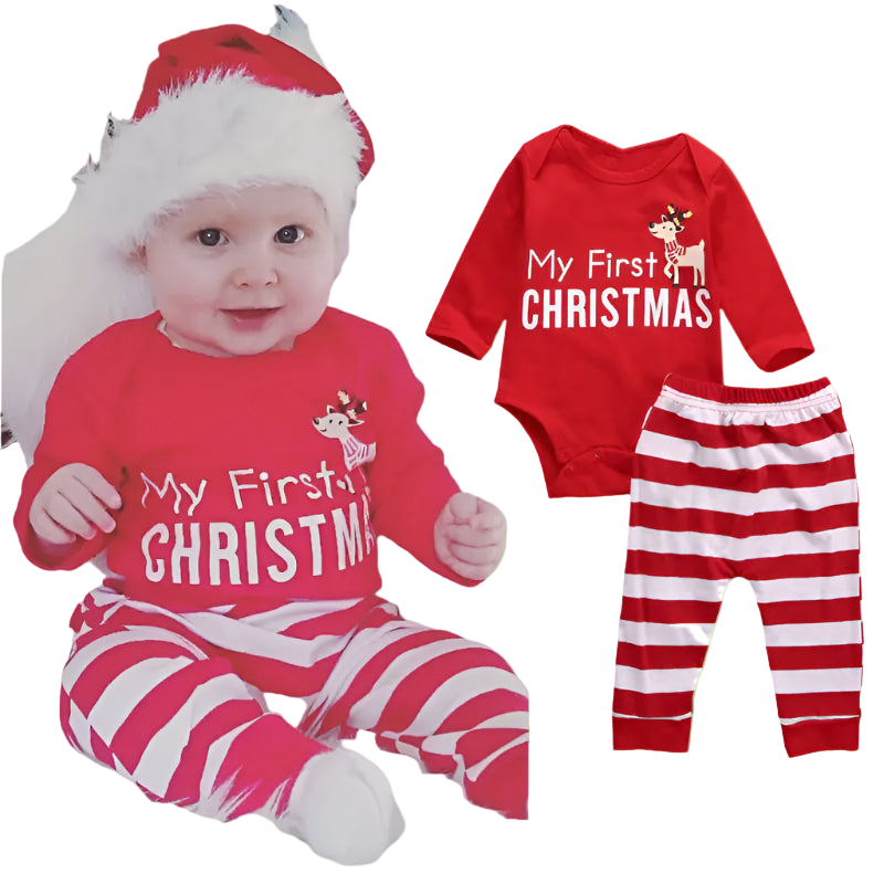 Baby wearing 'My First Christmas' outfit with matching set on a white background