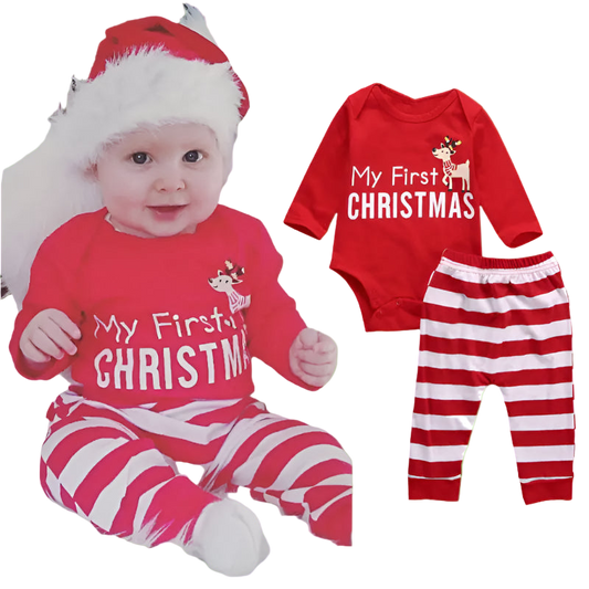 Baby wearing 'My First Christmas' outfit with matching set on a white background