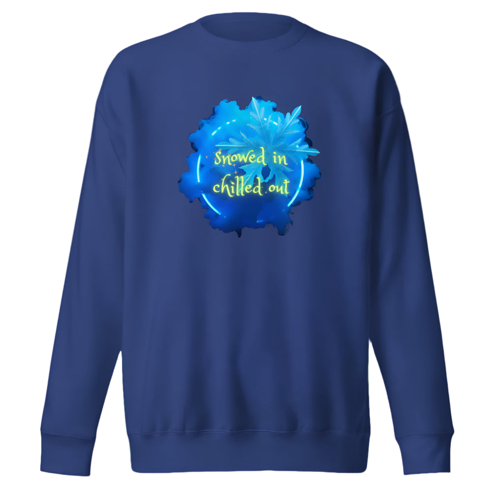 Blue sweatshirt with a blue graphic and text on a white background