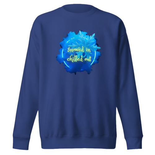 Blue sweatshirt with a blue graphic and text on a white background