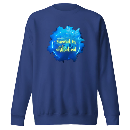 Blue sweatshirt with a blue graphic and text on a white background