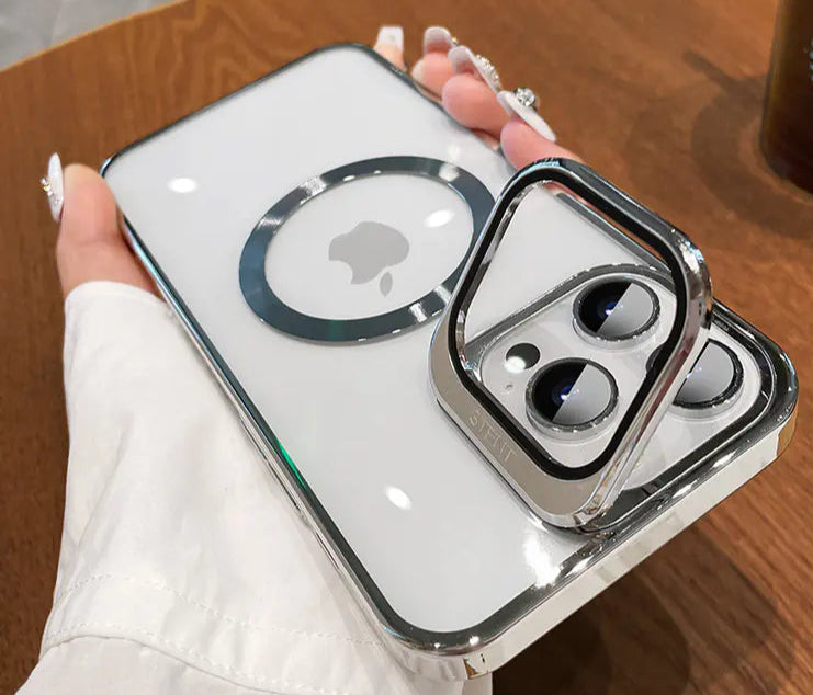 Phone case with Apple logo held by a hand on a wooden surface