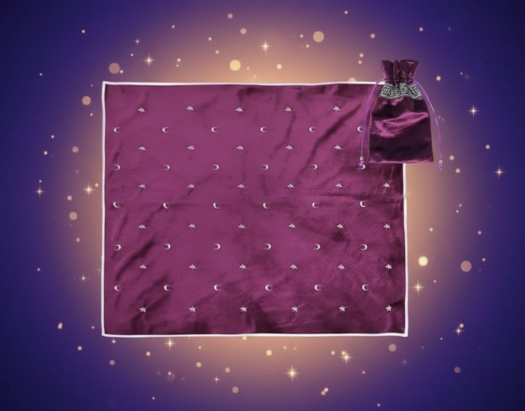 Purple satin bag with drawstring and matching fabric with star and moon patterns on a white background