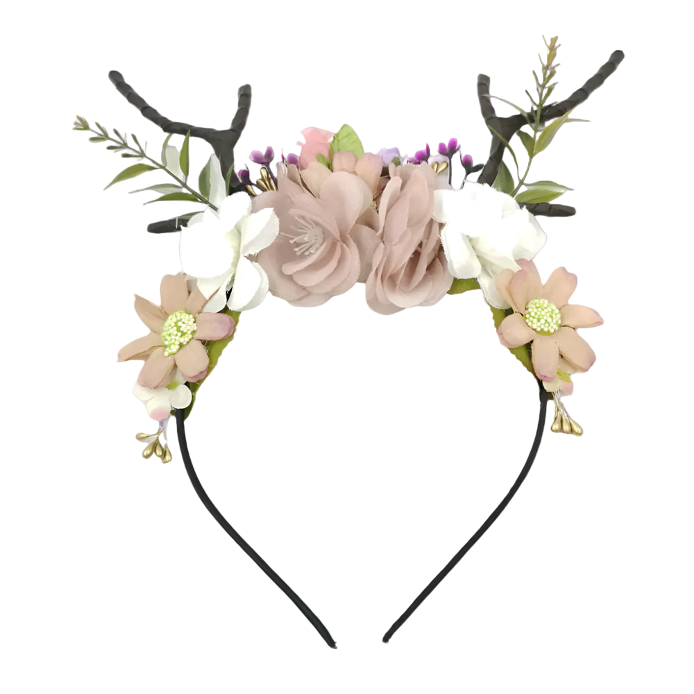 Floral headband with antlers and flowers on a white background