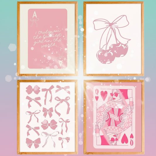 Set of four framed pink and white prints with decorative elements on a white background