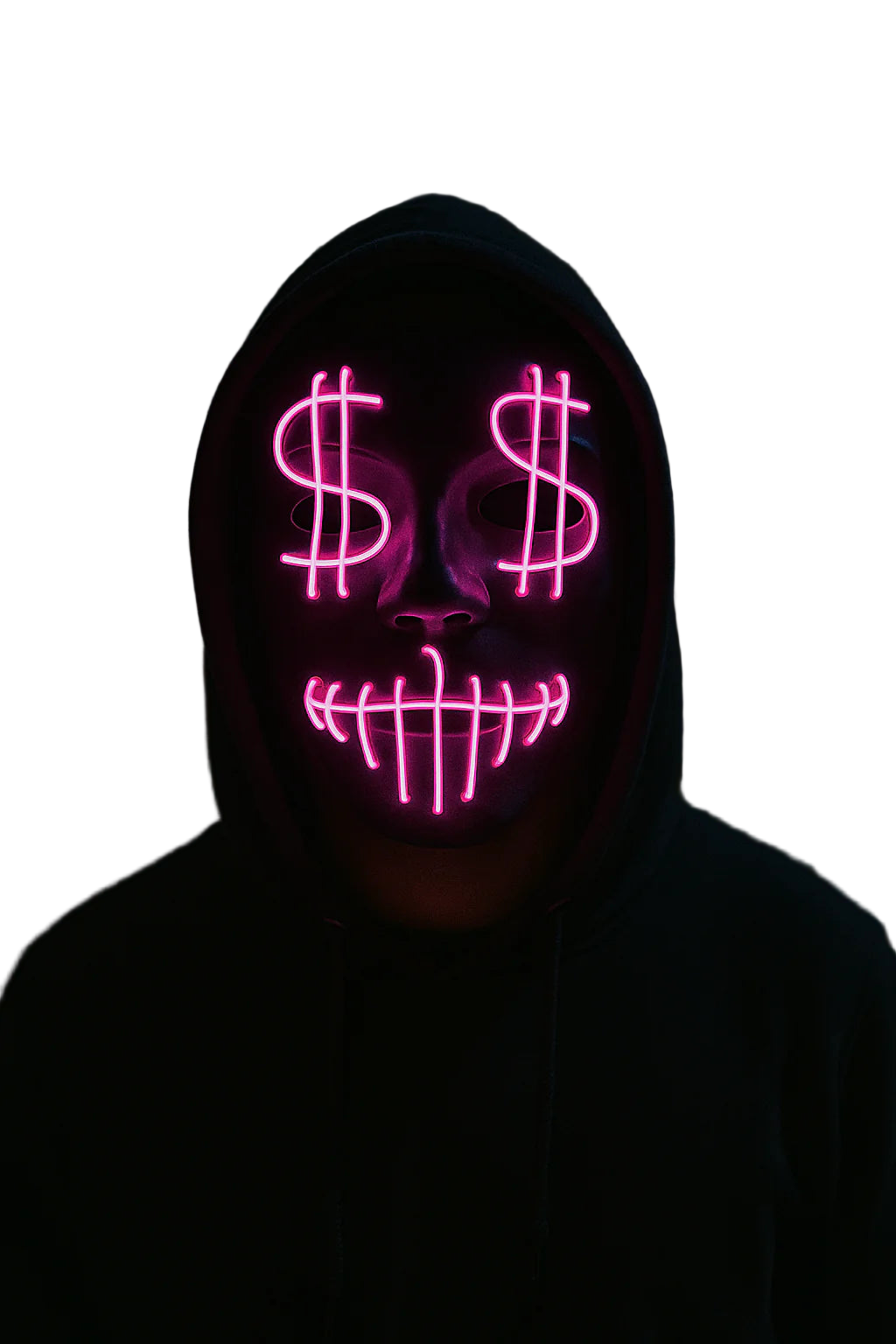 Neon pink dollar sign mask on a dark background