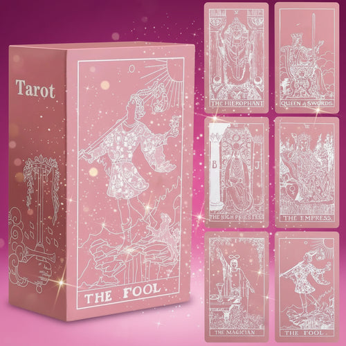 Pink tarot card set with illustrations and 'The Fool' card on a white background