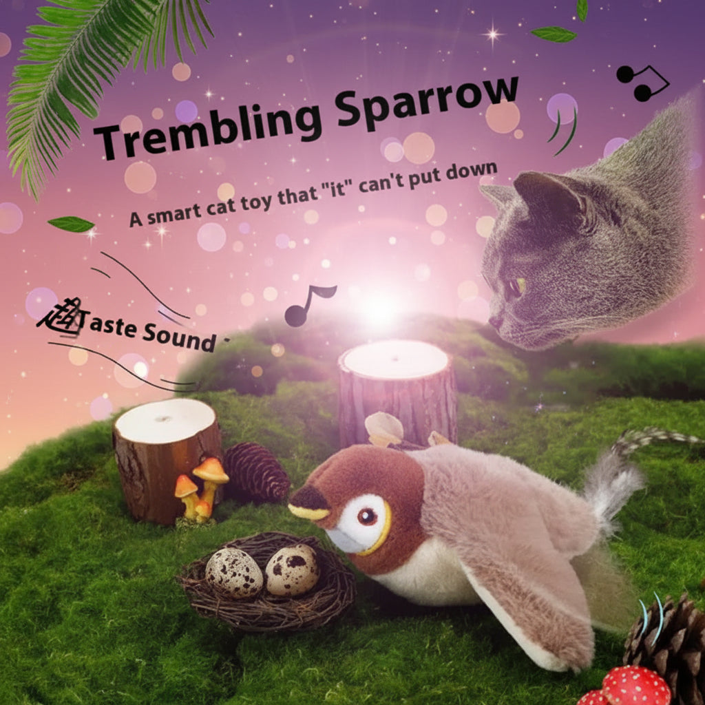 Cat toy resembling a trembling sparrow with a cat interacting with it on a grassy background.