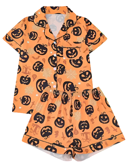 Orange pajama set with black pumpkin pattern on a white background