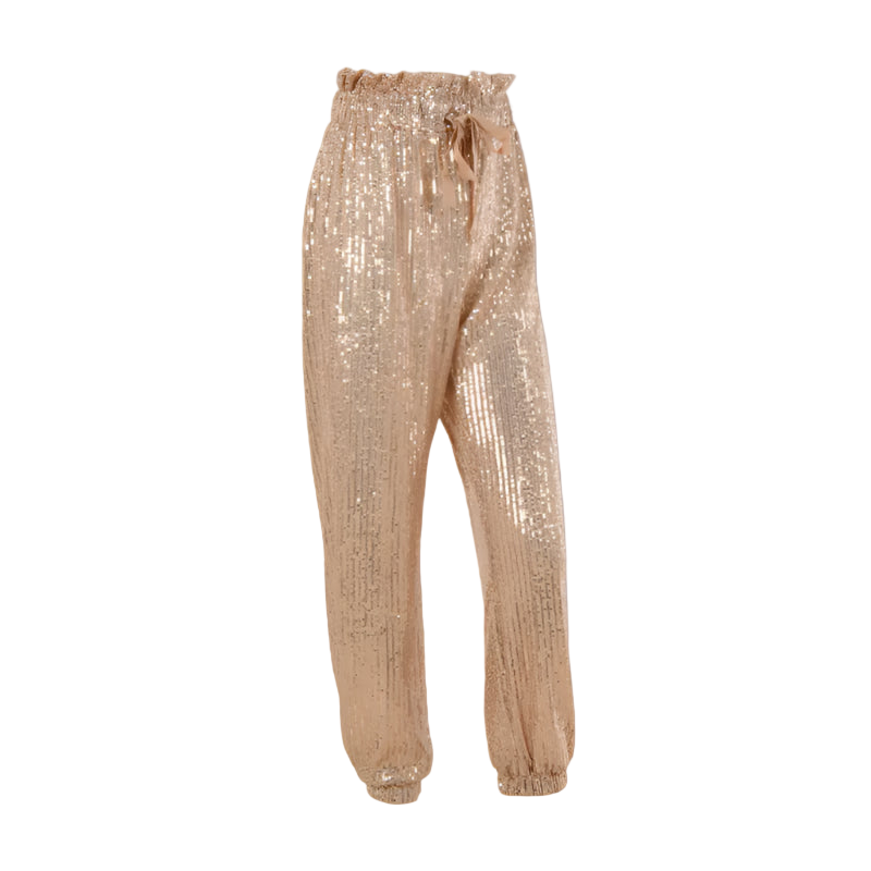 Gold sequin pants on a white background