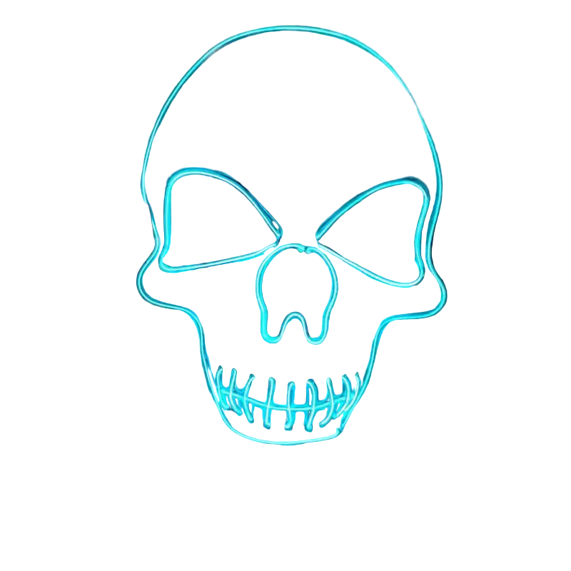 Neon skull mask glowing blue against a dark background