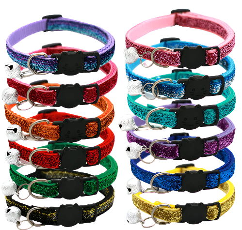 Stack of colorful glittery cat collars with black buckles on a white background