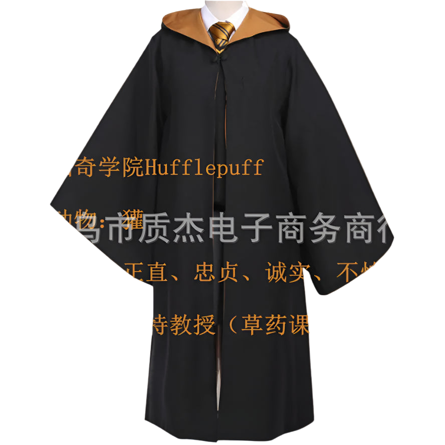 Black robe with gold accents on a white background