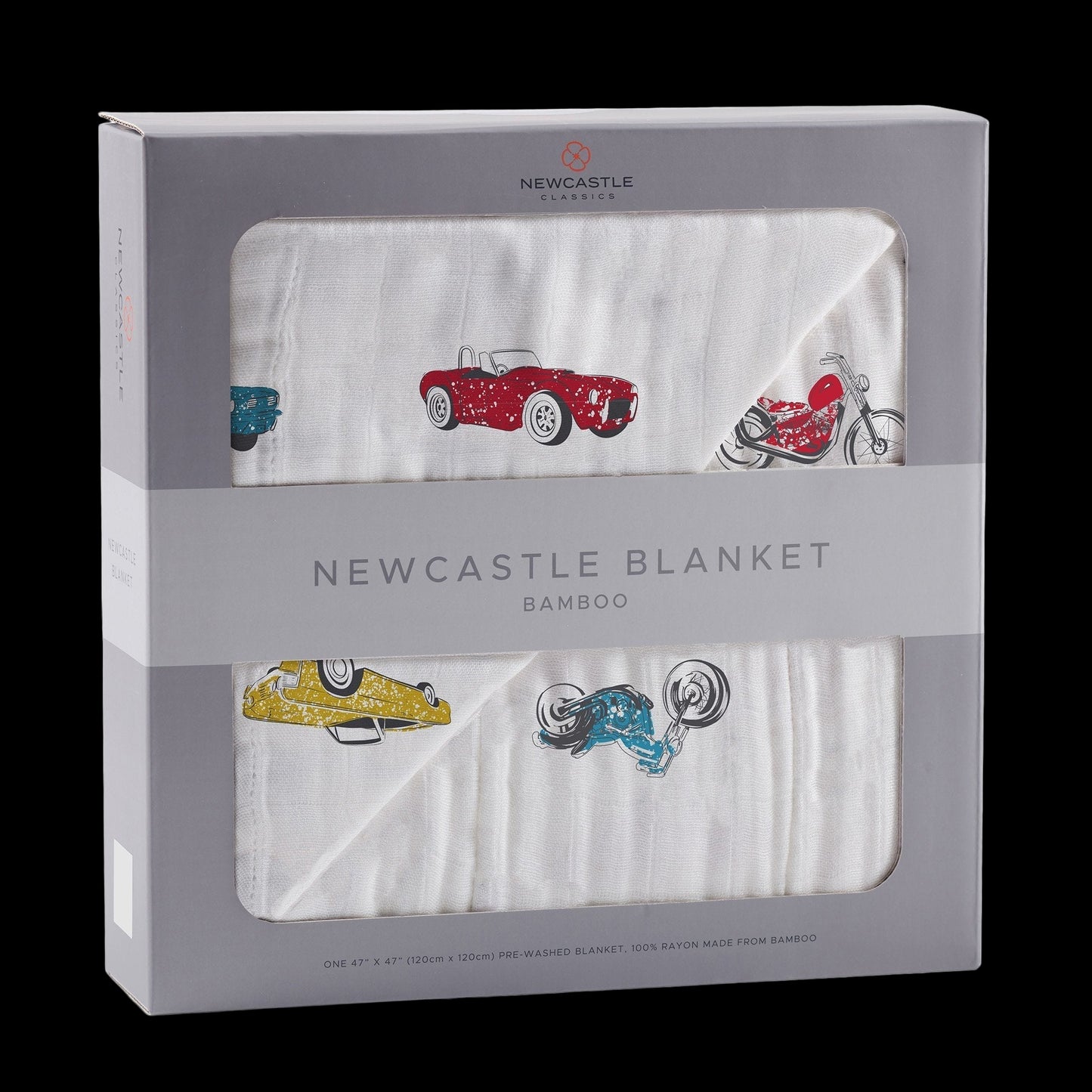 Newcastle blanket packaging with cartoon cars on a white background