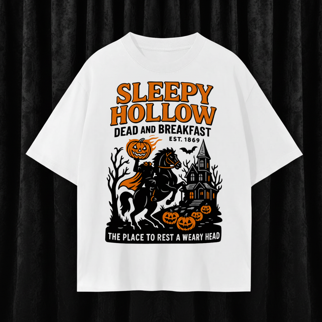 White t-shirt with Halloween-themed graphic design featuring a horse, pumpkins, and text on a white background.