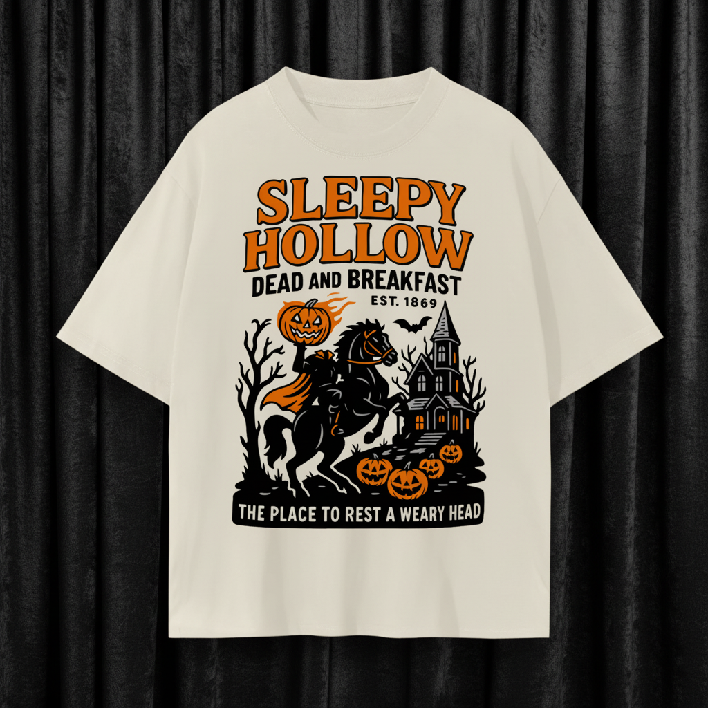 Beige t-shirt with 'Sleepy Hollow Dead and Breakfast' graphic design on a white background