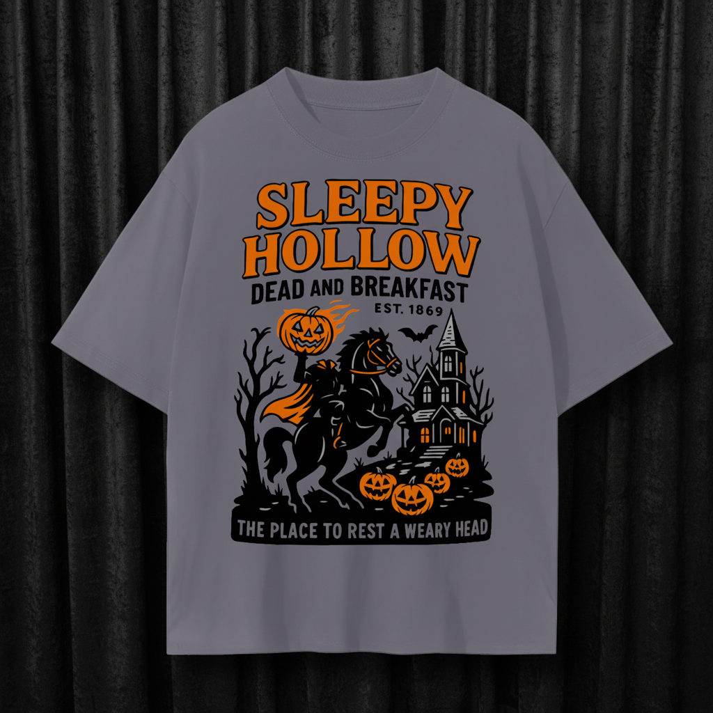 Gray t-shirt with 'Sleepy Hollow' graphic design featuring a horse, pumpkins, and a haunted house.