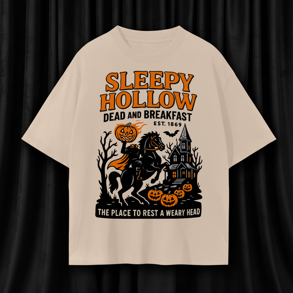 Beige t-shirt with Halloween-themed graphic and text on a white background