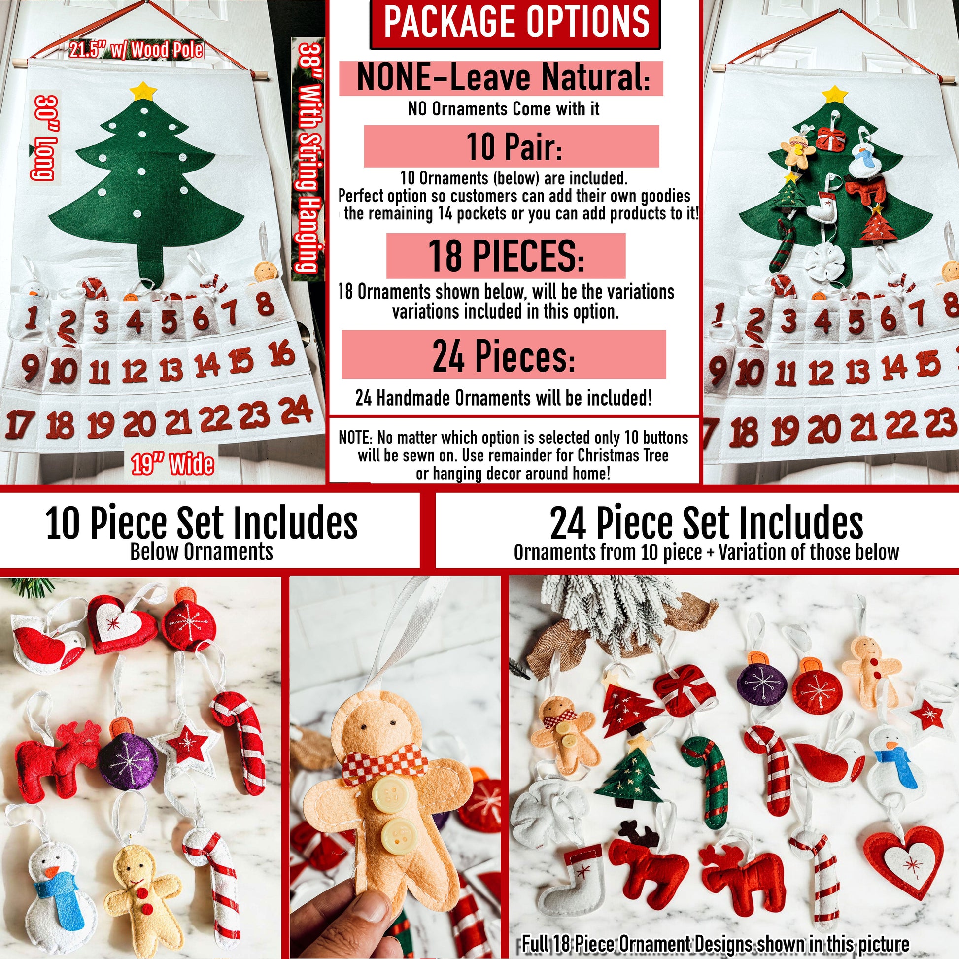 Product packaging with Christmas-themed ornaments and package options displayed.