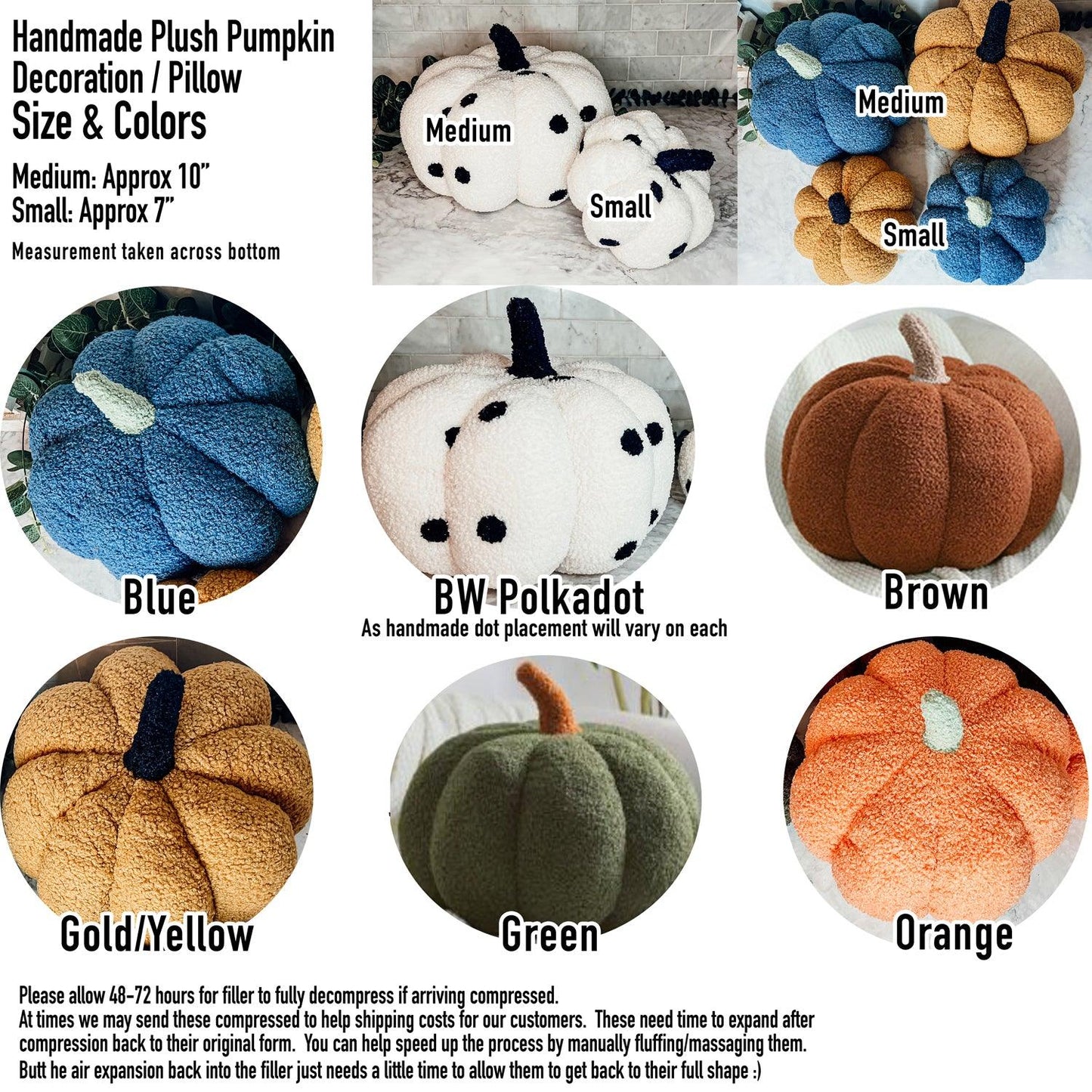 Handmade plush pumpkin decorations in various colors with size labels.