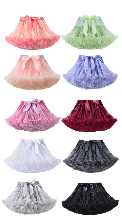 Collection of colorful pettiskirts displayed against a white background