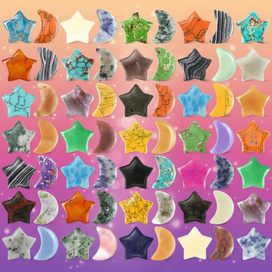 Collection of colorful star and moon-shaped stones in various patterns and colors.