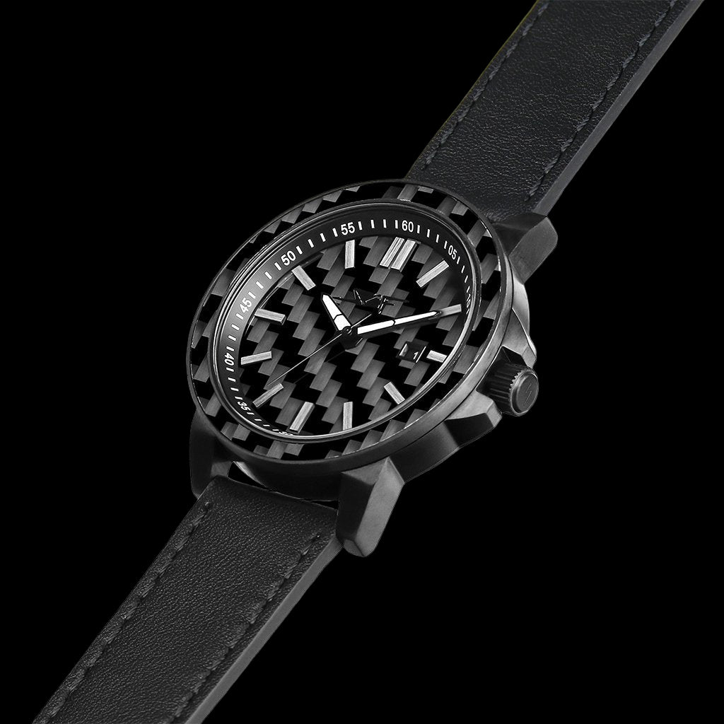 Black watch with a carbon fiber design on a white background