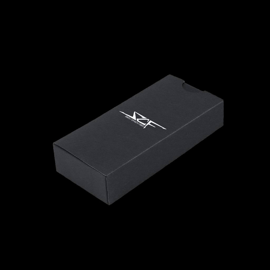 Black rectangular box with a logo on a white background