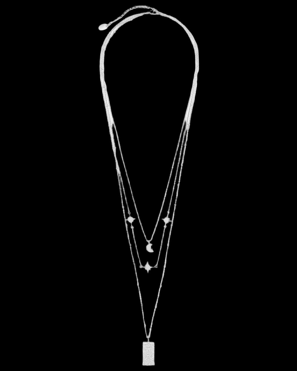 Multi-layered necklace with star and rectangular pendants on a white background
