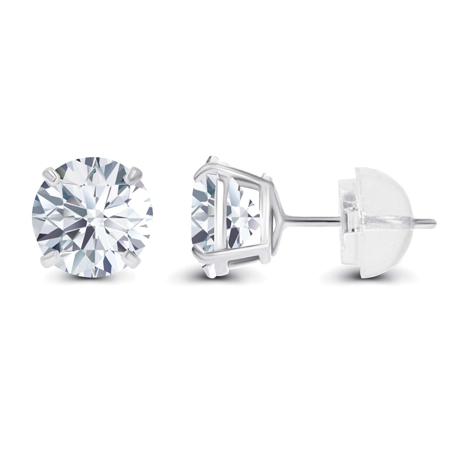 Pair of silver stud earrings with clear gemstones on a white background