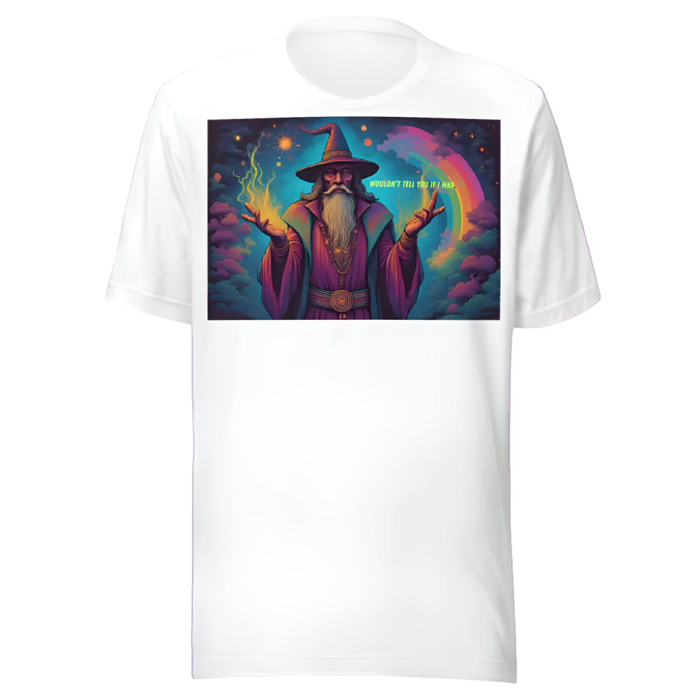 White t-shirt with a colorful graphic of a wizard on a white background