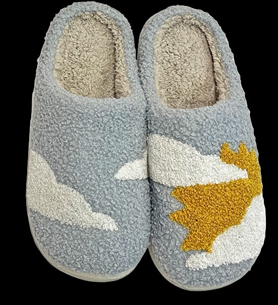 Pair of gray slippers with a fox design on a white background