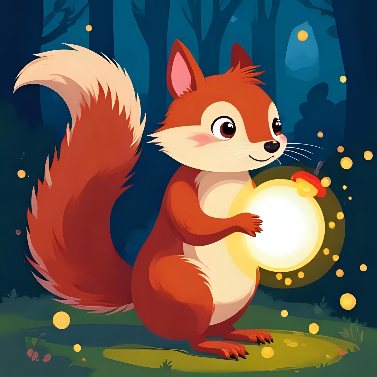 Illustration of a squirrel holding a glowing lantern in a forest setting