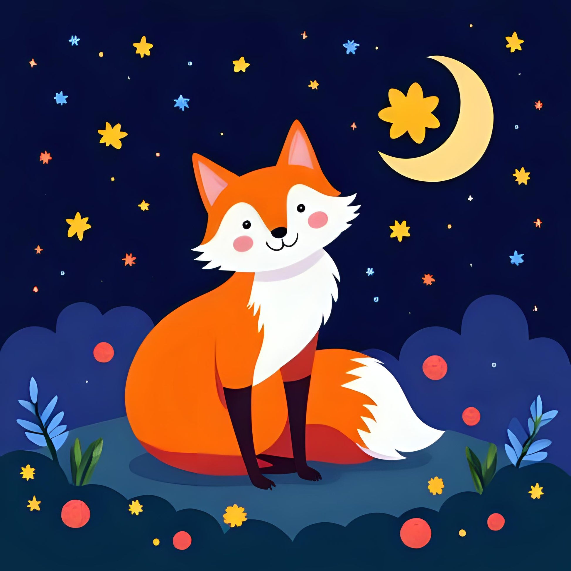 Illustration of a fox sitting under a starry night sky with a crescent moon.