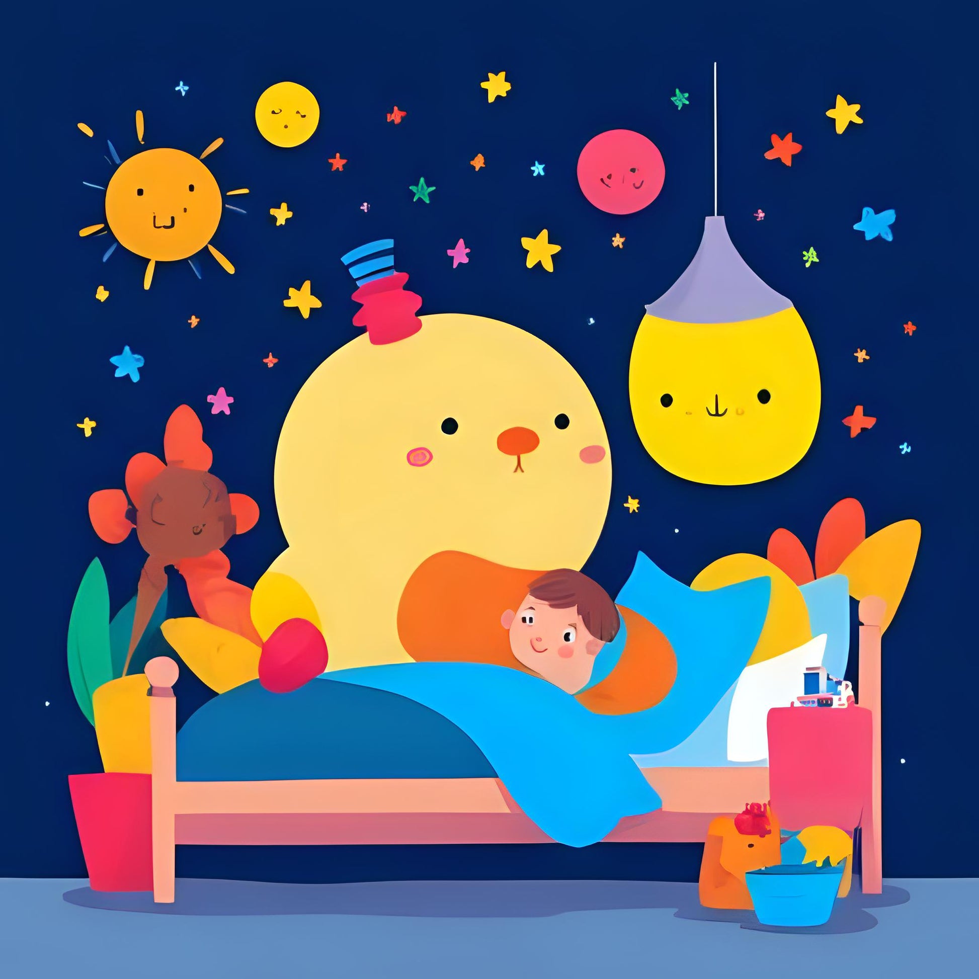 Illustration of a child in bed with a large yellow teddy bear, colorful nightlights, and a starry night sky.