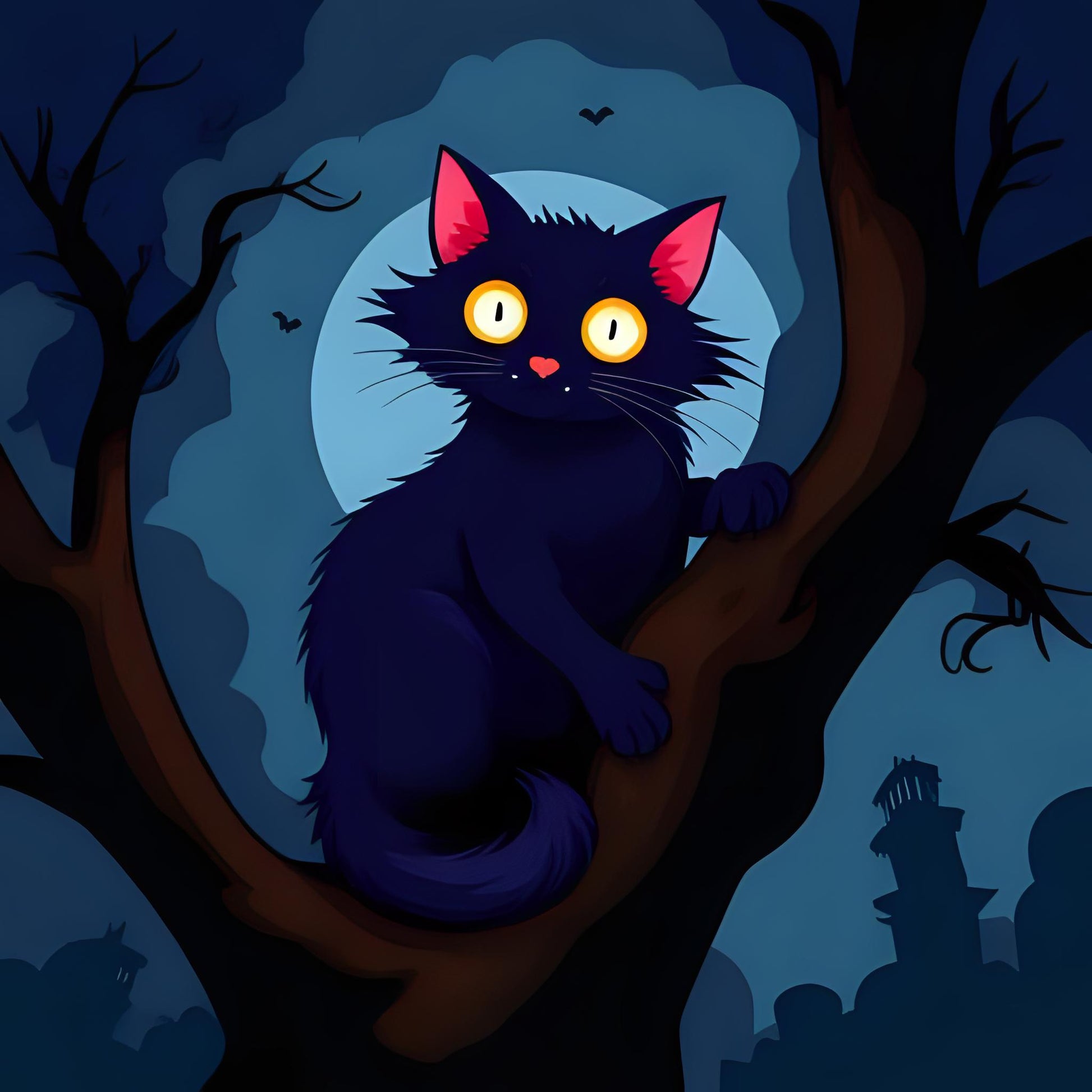 Black cat with red ears and yellow eyes perched on a tree branch against a moonlit sky with bats and a lighthouse.